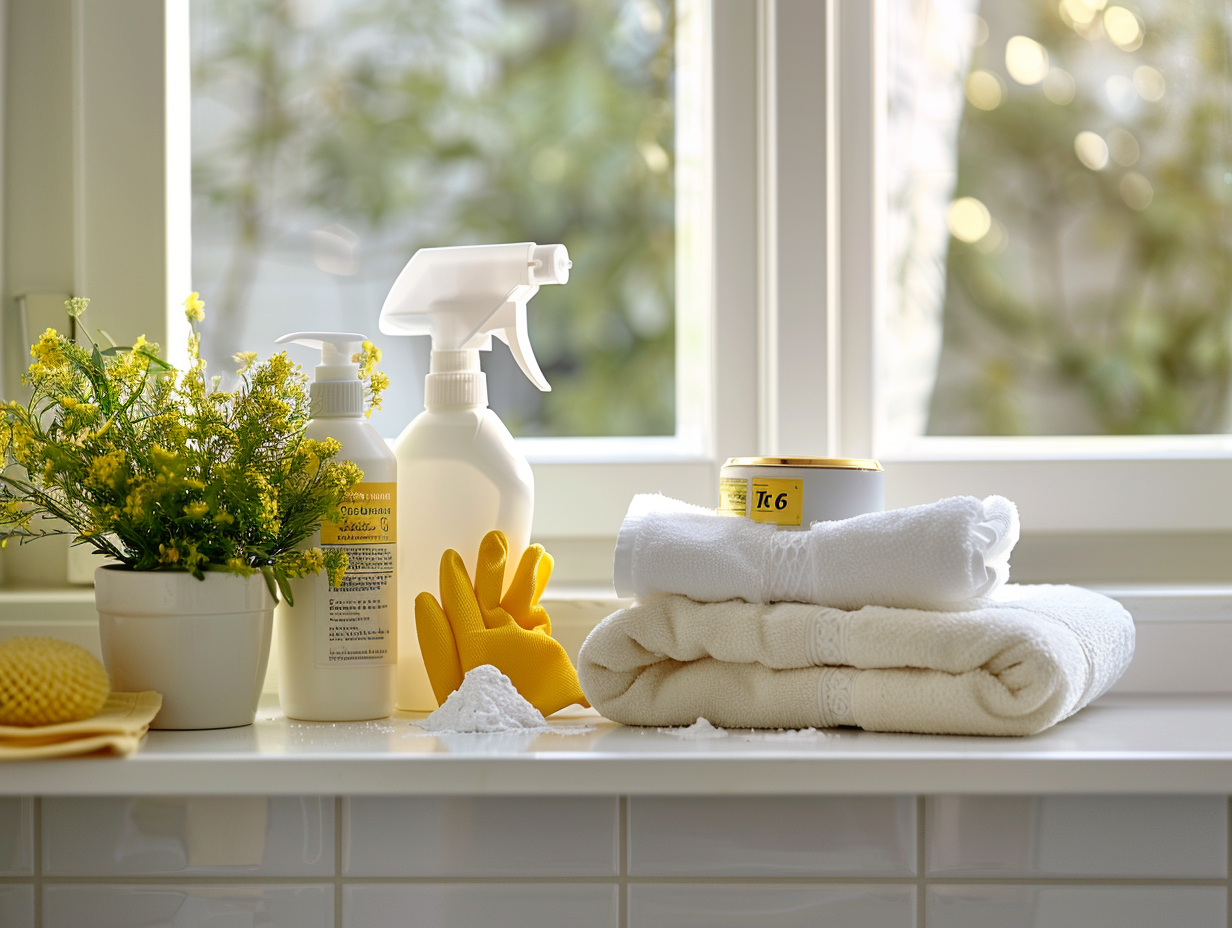 Best Ways to Clean Shower Grout (5 Proven Methods) Open bathroom window with cleaning supplies including spray bottle, baking soda, and gloves arranged on ledge showing proper ventilation setup