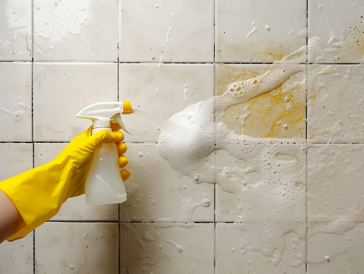 Best Ways to Clean Shower Grout (5 Proven Methods) Spraying hydrogen peroxide from spray bottle onto shower grout lines with visible foam bubbles, person wearing rubber gloves