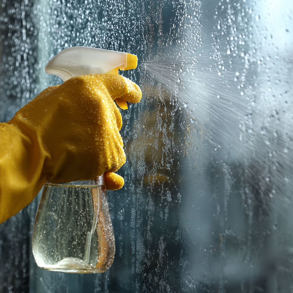 How to Clean Shower Glass Doors (Streak-Free Results) Hand in yellow glove spraying vinegar solution onto cloudy shower glass door