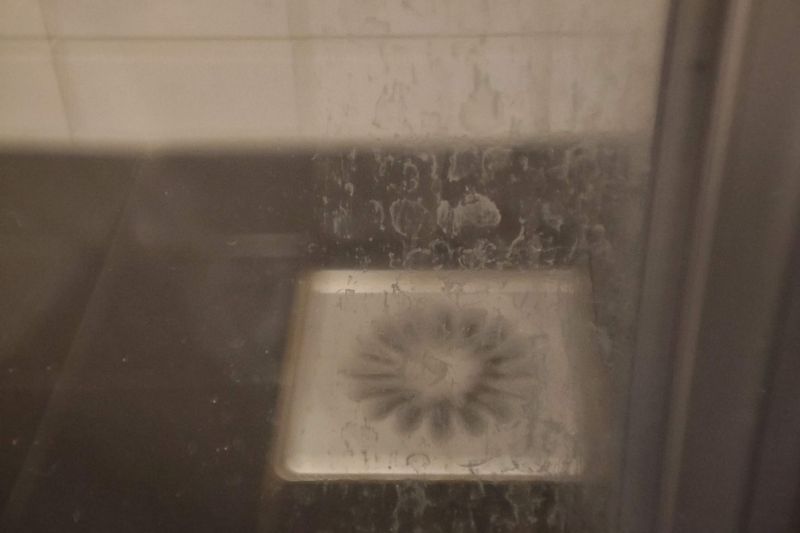 How to Clean Shower Glass Doors (Streak-Free Results) Close-up of white hard water mineral deposits on shower glass