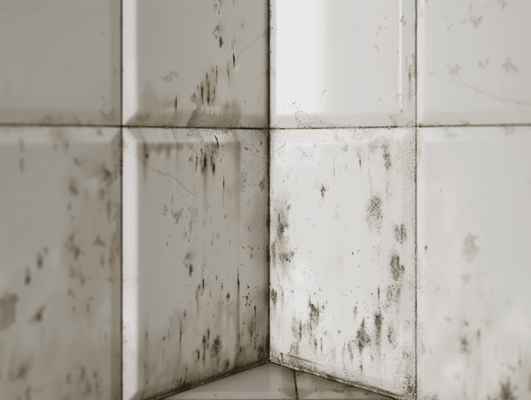 How to Clean Mold in the Bathroom (Safely & Effectively) Close-up of a corner of white tiled walls with visible black mold and mildew stains on the grout and tile surfaces.