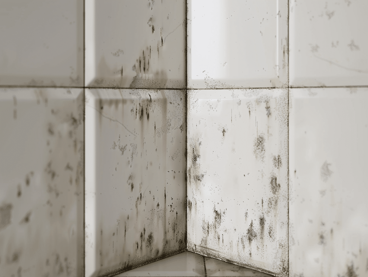 How to Clean Mold in the Bathroom (Safely & Effectively) Close-up of a corner of white tiled walls with visible black mold and mildew stains on the grout and tile surfaces.