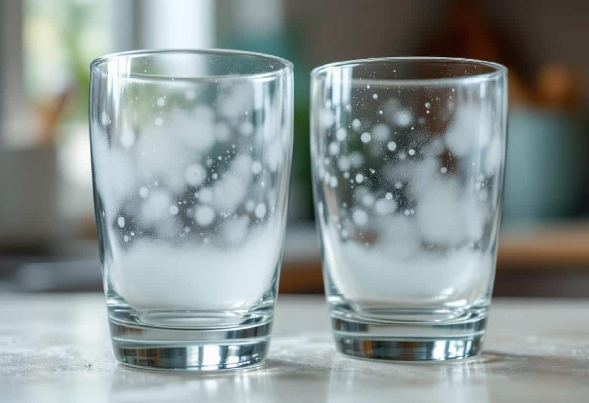 How to Remove Water Stains from Glass (Easy Methods) Cloudy drinking glasses fresh out of the dishwasher showing visible water spot marks