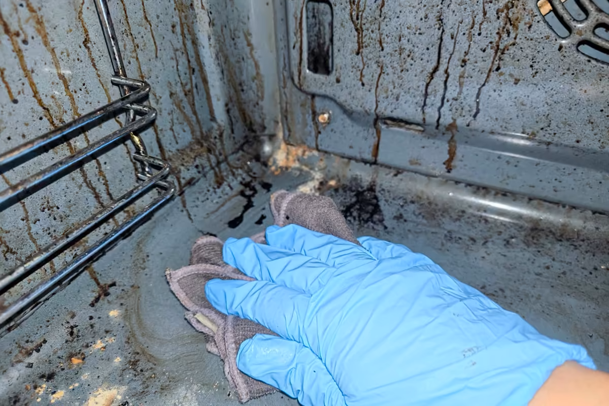 Gloved hand wiping the floor of a dirty oven with a grey microfiber cloth, grease drips still visible on the back wall.